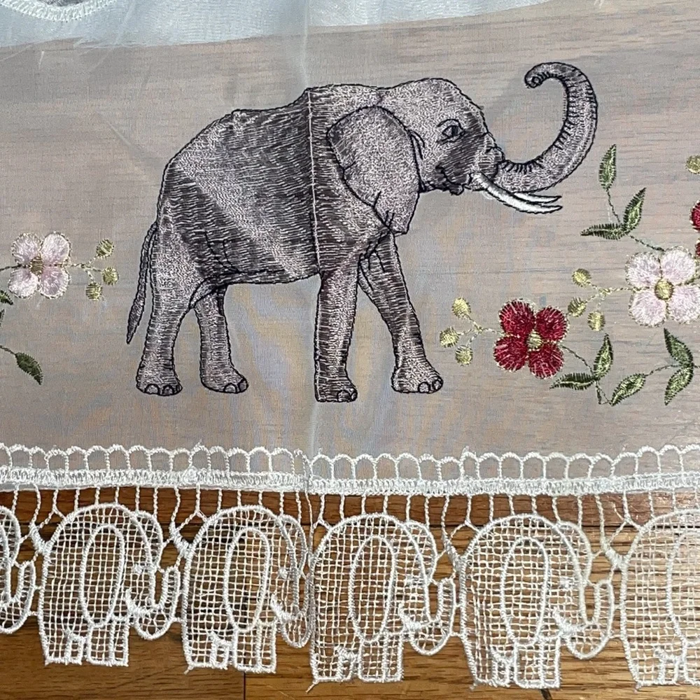 NEW 3 pc. Grace Embroidery Curtains Set: 2 Tiers & Swag, ELEPHANTS w FLOWERS